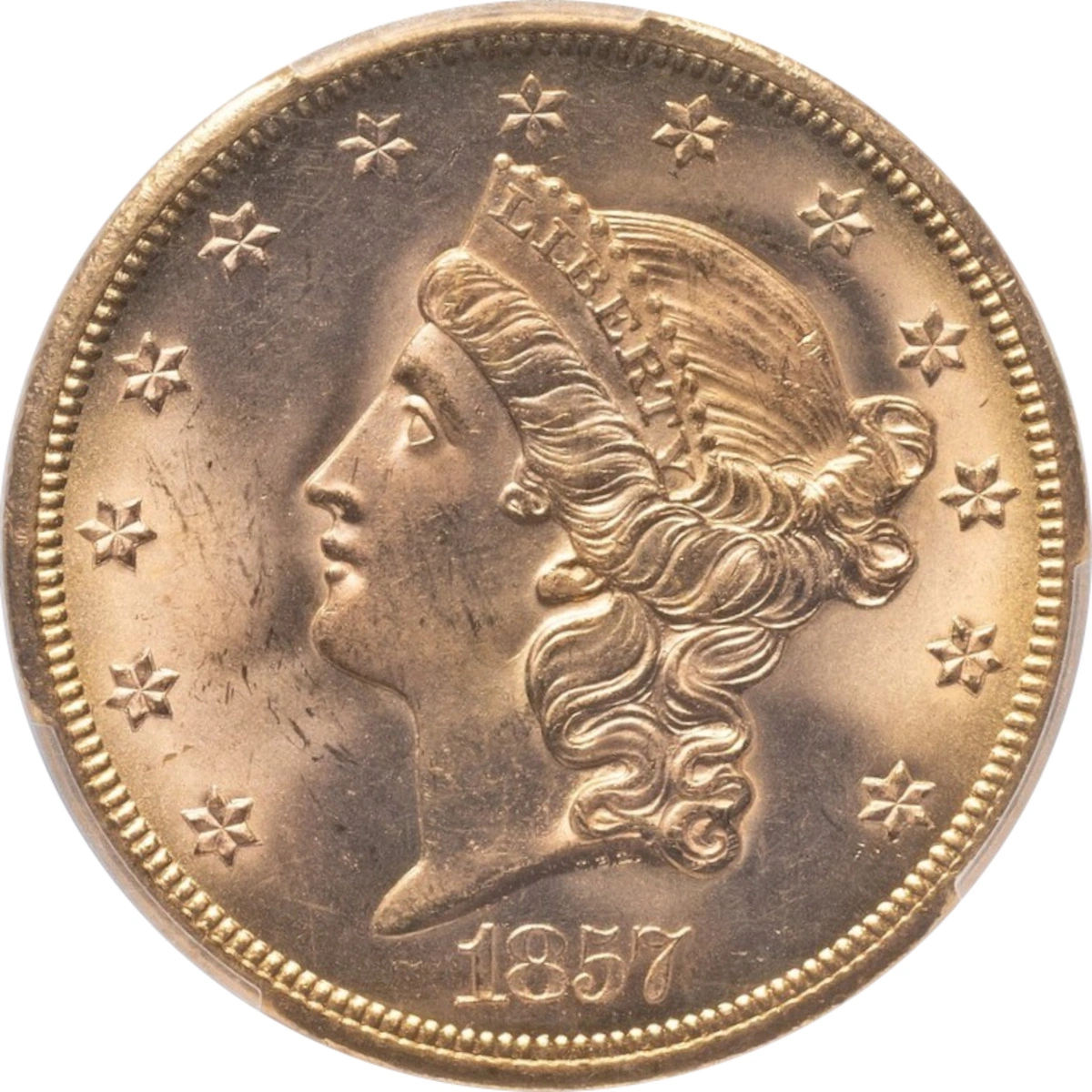1857-S-$20-Liberty-Double-Eagle---Spiked-Shield-20A---#75-In-100-Greatest-Coins